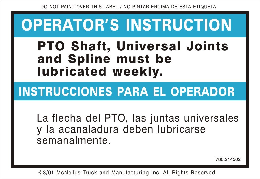 SIGN,INST,LUBE PTO SHAFT WKLY